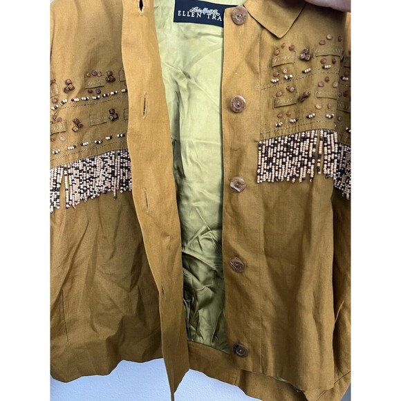 VTG Linen Beaded Cropped Oversized Jacket Mustard ButtonUp Cowgirl Boho Western - Picture 8 of 15